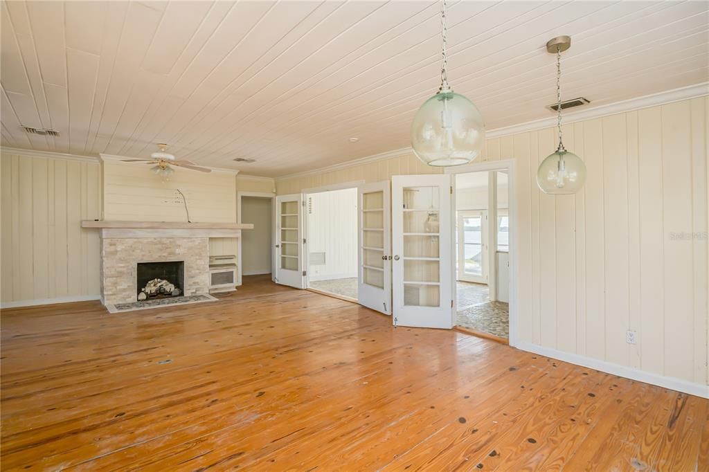 Empty room, Fireplace, Interior, Pendant Lights, Wood Texture Flooring