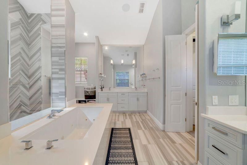 Bathroom, Dual Sink Vanities, Interior, Recessed Lighting, Wood Texture Flooring