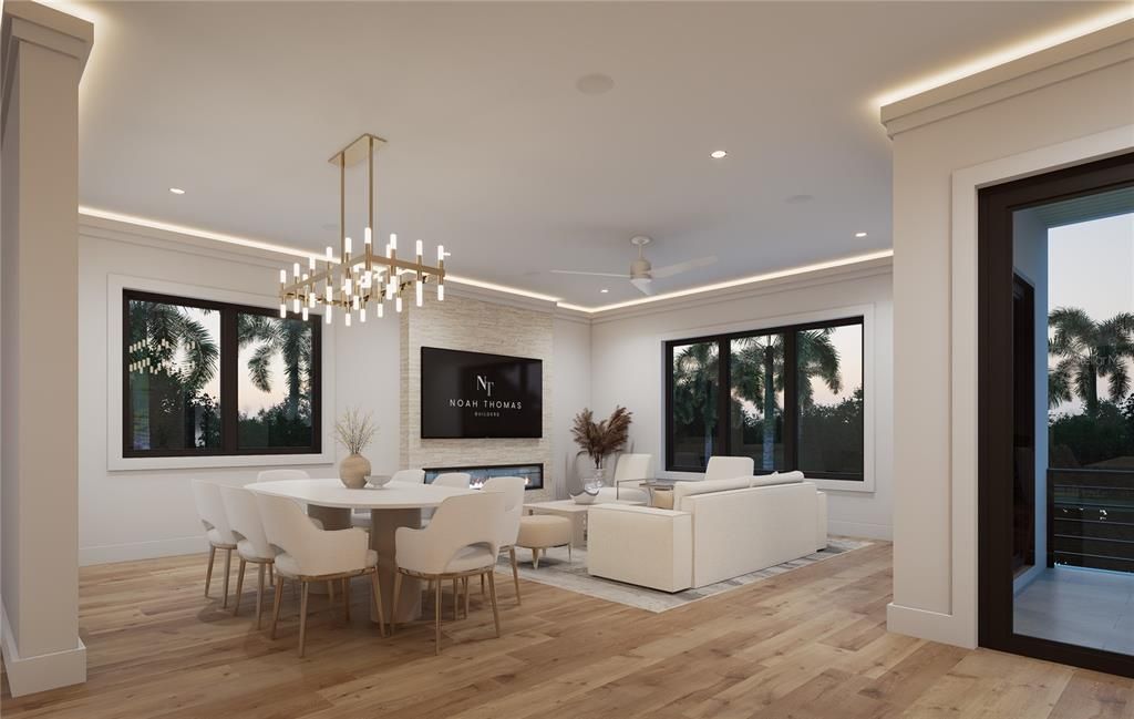 Dining room, Interior, Living room, Pendant Lights, Recessed Lighting, Wood Texture Flooring