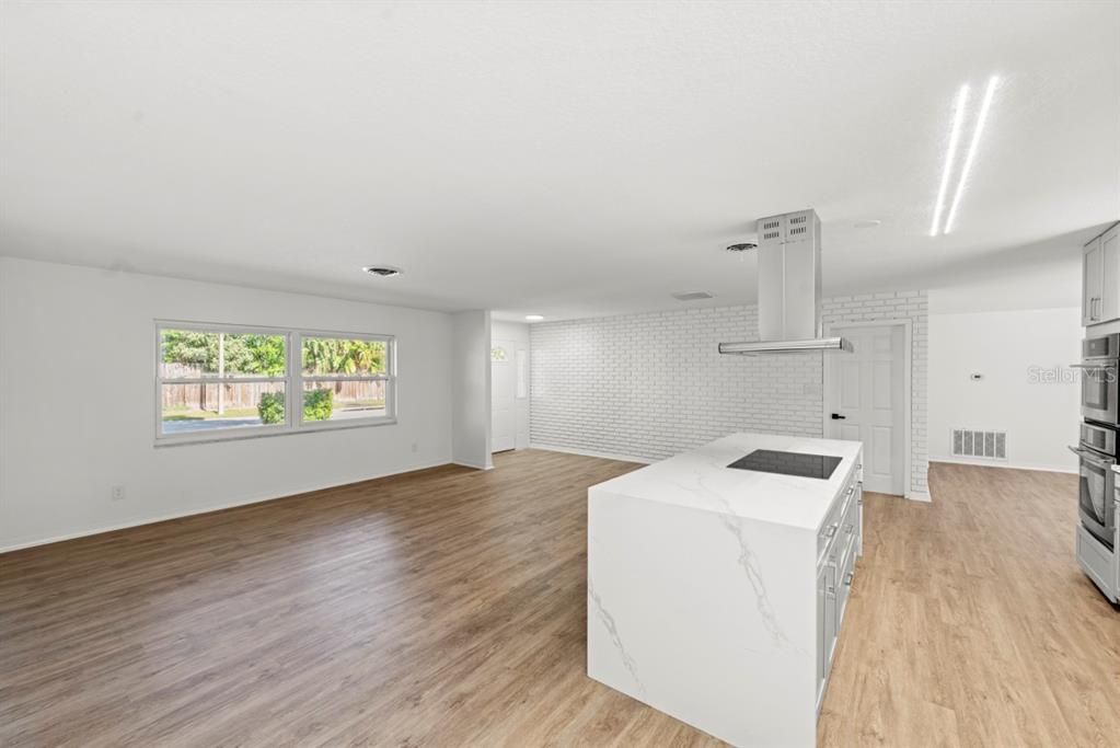 Empty room, Interior, Kitchen, Recessed Lighting, Wood Texture Flooring