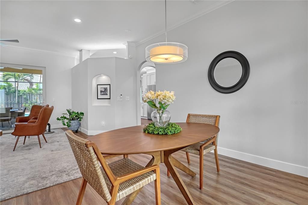 Dining room, Interior, Pendant Lights, Recessed Lighting, Wood Texture Flooring