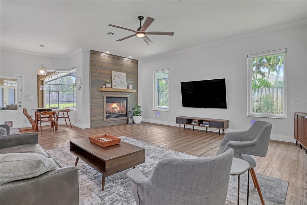 Dining room, Fireplace, Interior, Living room, Pendant Lights, Wood Texture Flooring