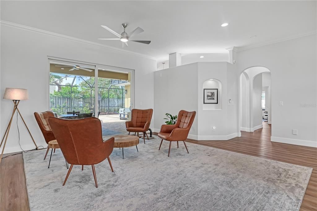 Dining room, Interior, Recessed Lighting, Wood Texture Flooring