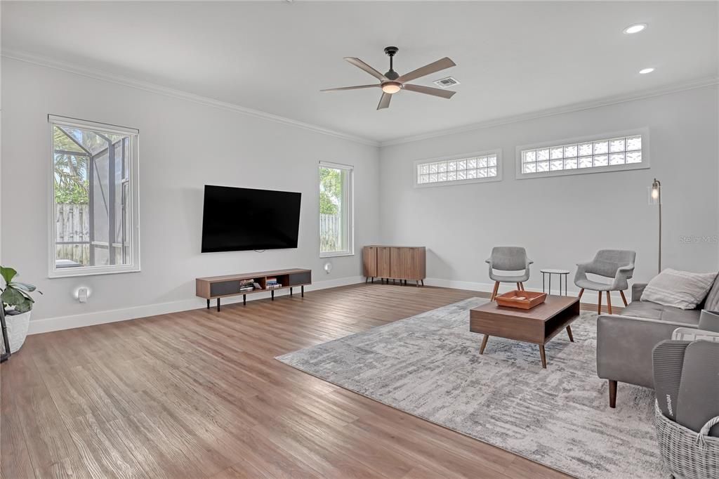 Interior, Living room, Recessed Lighting, Wood Texture Flooring