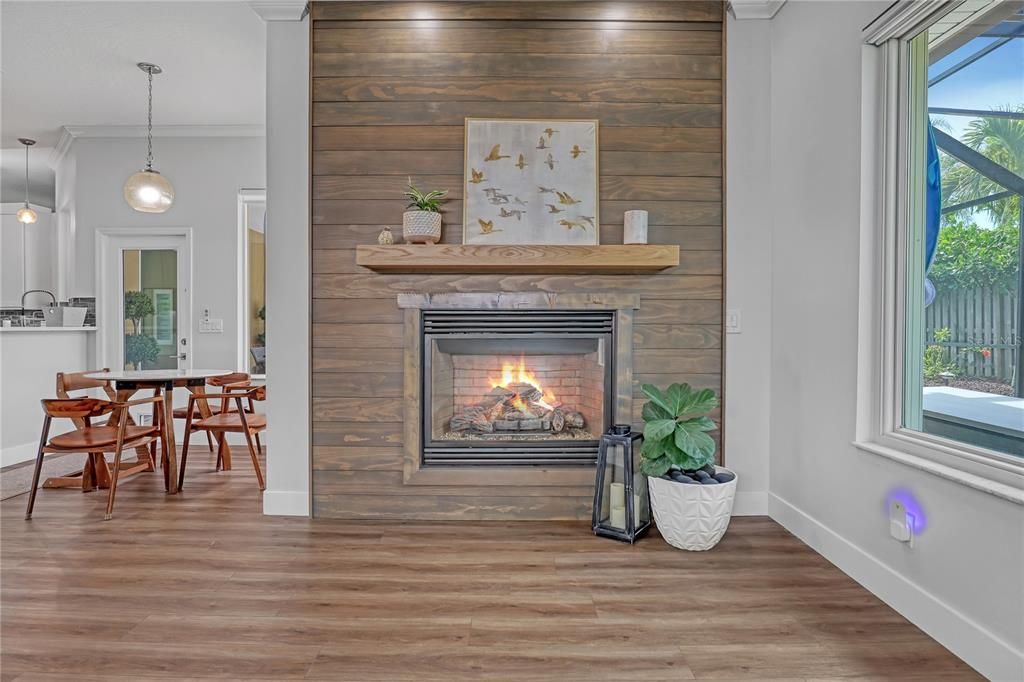 Dining room, Fireplace, Interior, Pendant Lights, Wood Texture Flooring, Wooden Walls