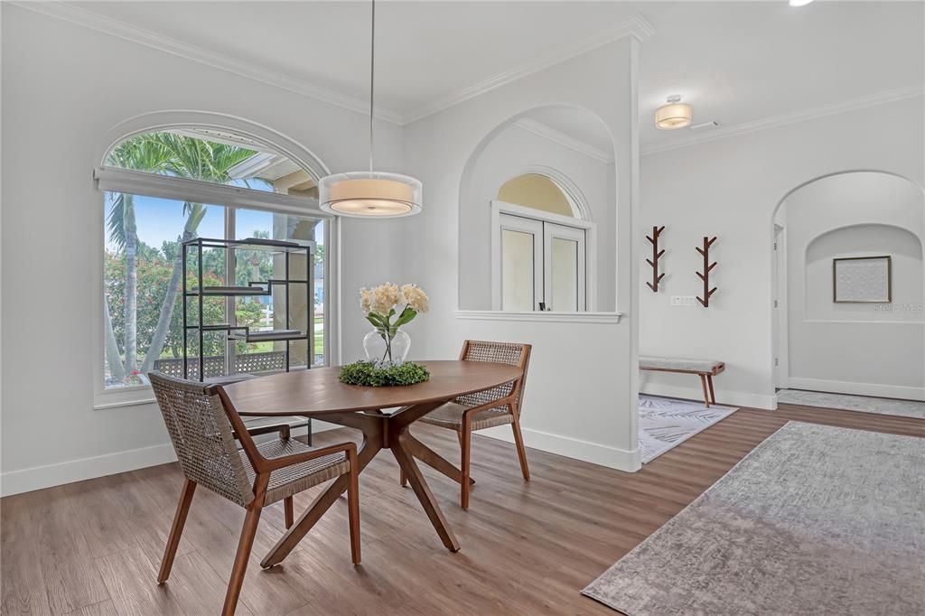Dining room, Interior, Pendant Lights, Wood Texture Flooring