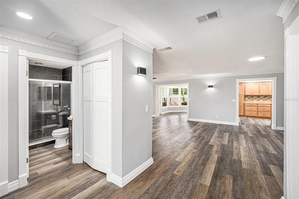 Bathroom, Glass Shower, Interior, Recessed Lighting, Wood Texture Flooring