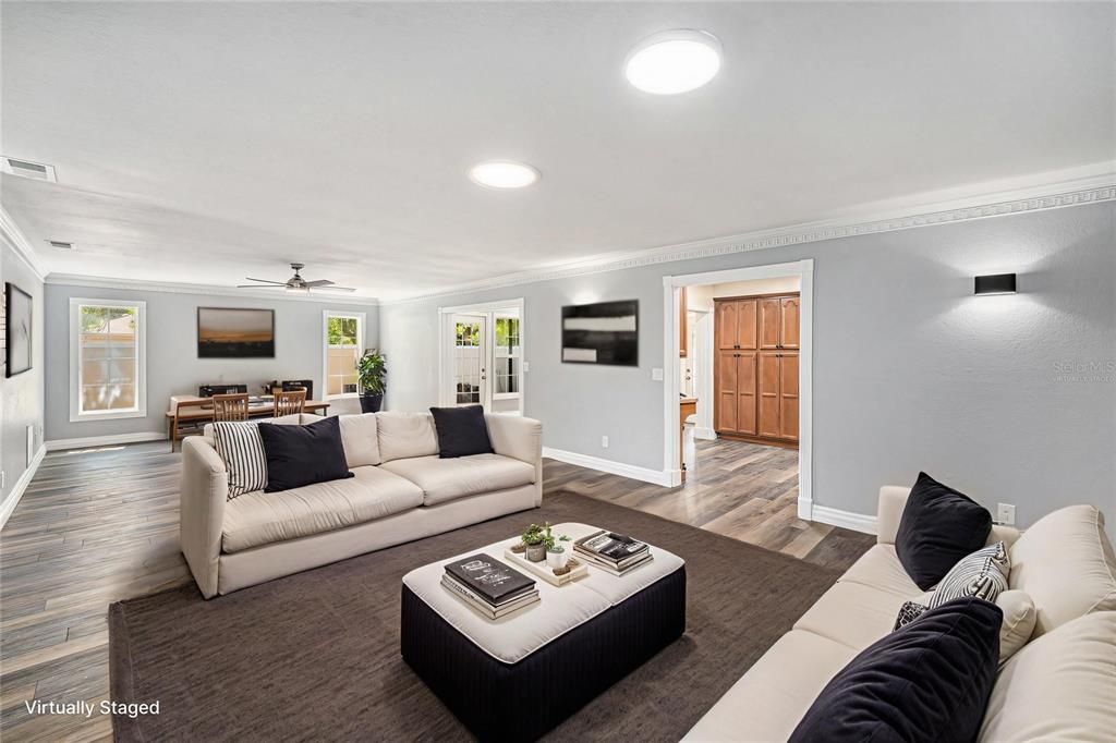 Dining room, Interior, Living room, Recessed Lighting, Wood Texture Flooring