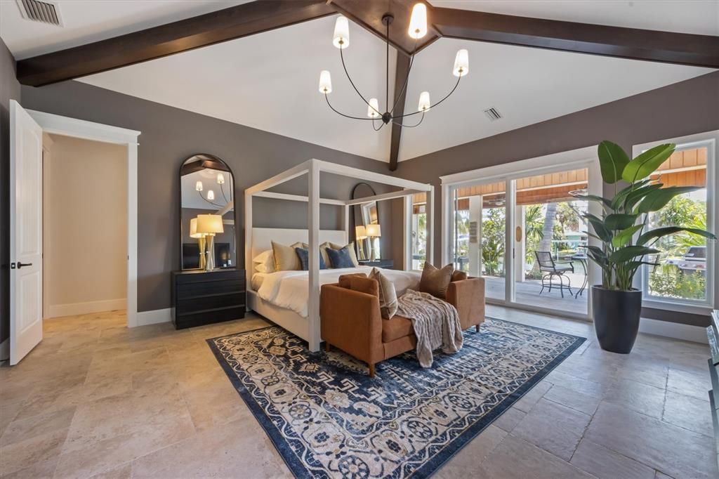 Bedroom, Chandelier, Interior, Pendant Lights, Wooden Beams