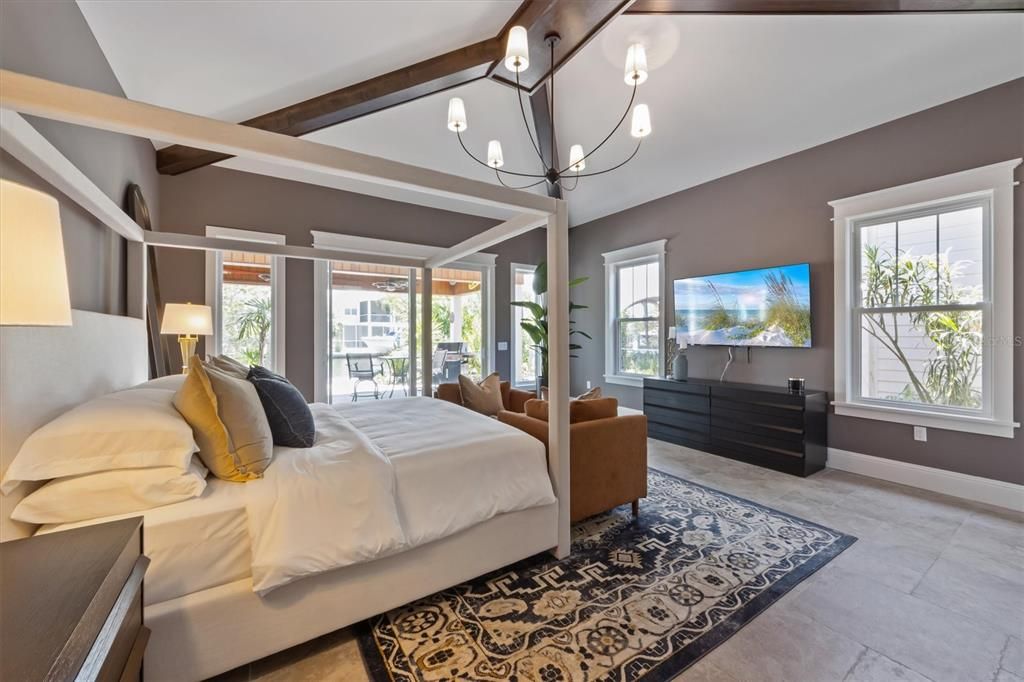 Bedroom, Chandelier, Interior, Wooden Beams