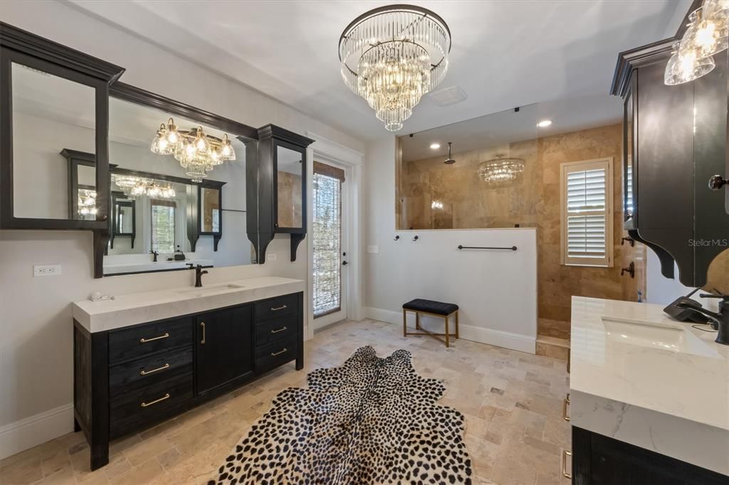 Bathroom, Chandelier, Dual Sink Vanities, Interior, Recessed Lighting
