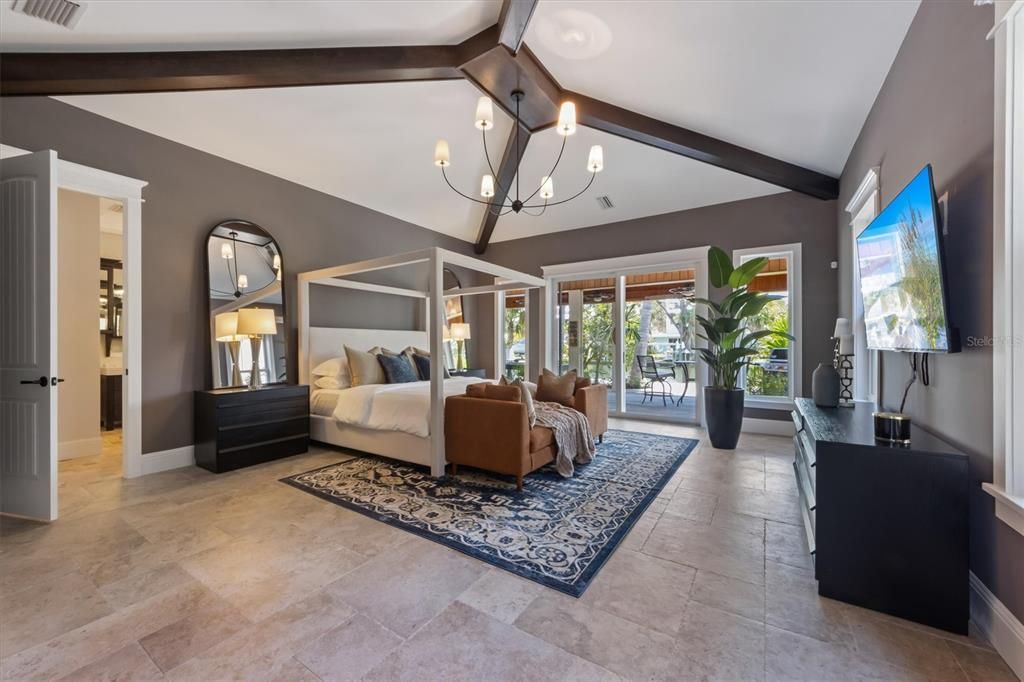Bedroom, Chandelier, Interior, Wooden Beams