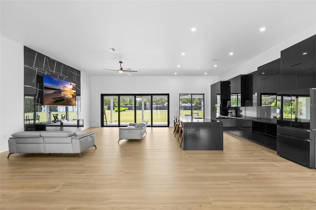 Interior, Kitchen, Living room, Recessed Lighting, Wood Texture Flooring