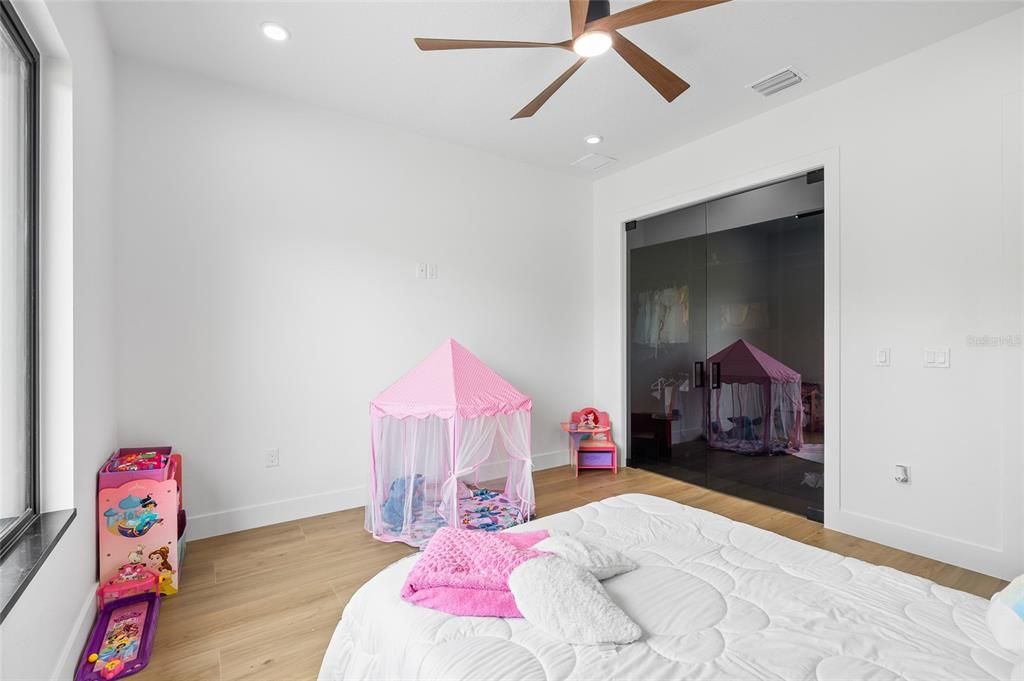 Bedroom, Interior, Recessed Lighting, Wood Texture Flooring