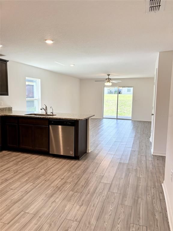Empty room, Interior, Kitchen, Recessed Lighting, Wood Texture Flooring