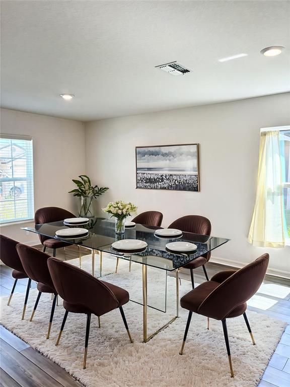 Dining room, Interior, Living room, Recessed Lighting, Wood Texture Flooring
