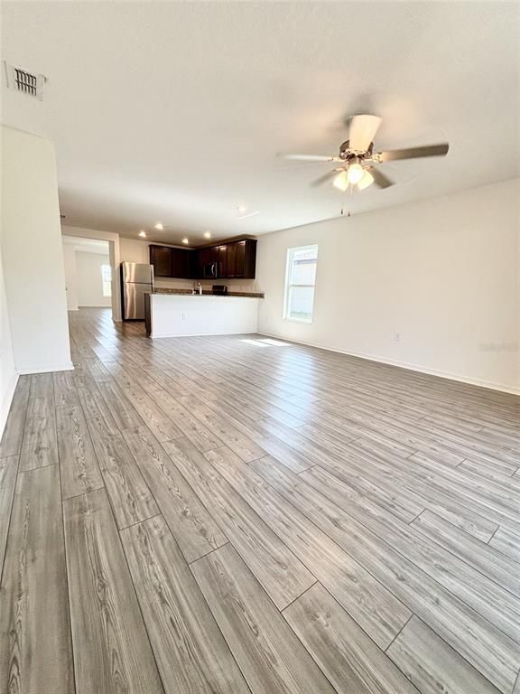 Empty room, Interior, Kitchen, Recessed Lighting, Wood Texture Flooring