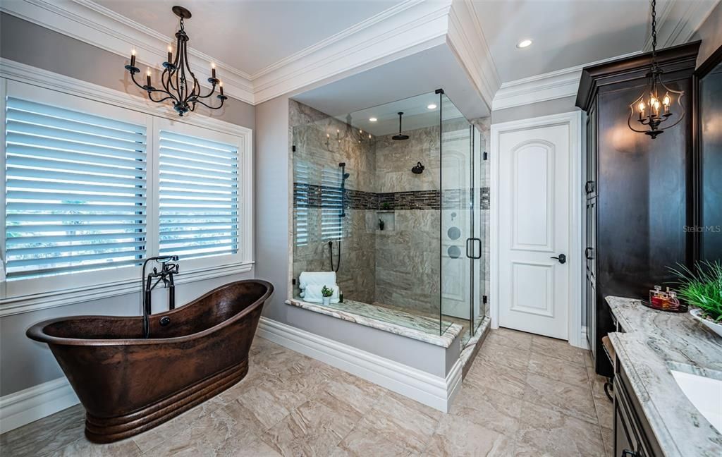 Bathroom, Free Standing Baths, Glass Shower, Interior, Recessed Lighting