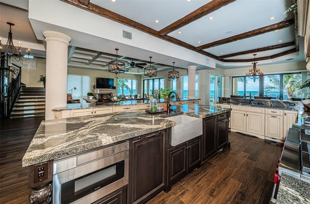 Chandelier, Interior, Kitchen, Pendant Lights, Recessed Lighting, Stainless Steel Appliances, Water, Wooden Beams, Wood Texture Flooring