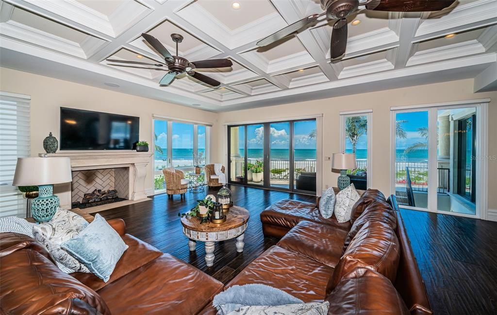 Fireplace, Interior, Living room, Recessed Lighting, Water, Wood Texture Flooring
