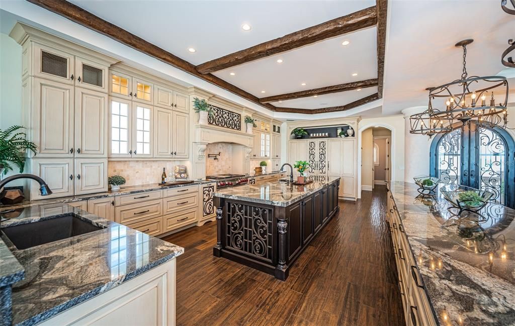 Chandelier, Interior, Kitchen, Pendant Lights, Recessed Lighting, Wooden Beams, Wood Texture Flooring