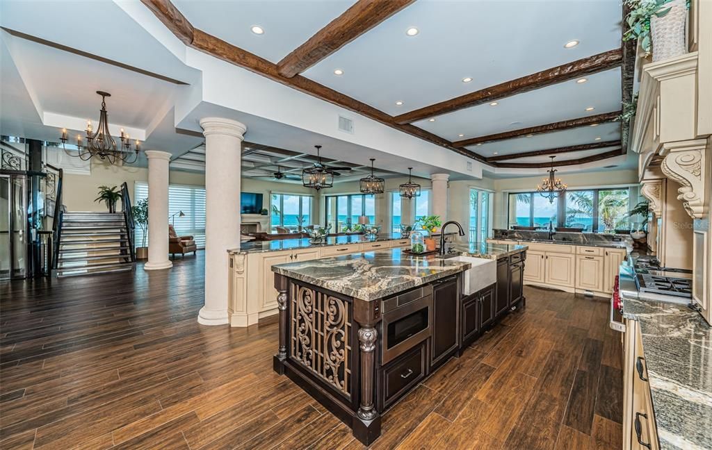 Chandelier, Interior, Kitchen, Recessed Lighting, Wooden Beams, Wood Texture Flooring