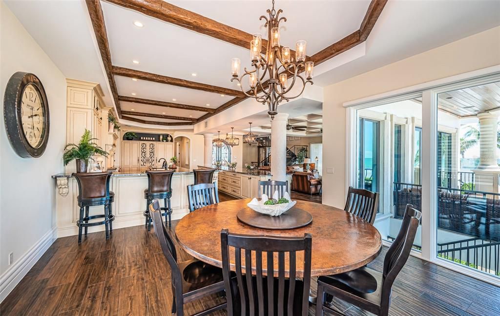 Chandelier, Dining room, Interior, Recessed Lighting, Wooden Beams, Wood Texture Flooring