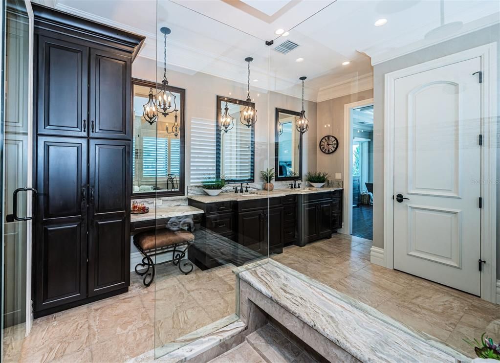 Bathroom, Chandelier, Dual Sink Vanities, Interior, Pendant Lights, Recessed Lighting