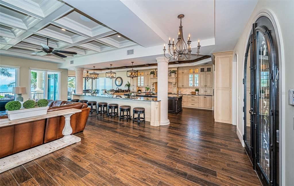 Chandelier, Dining room, Interior, Kitchen, Living room, Pendant Lights, Recessed Lighting, Wood Texture Flooring