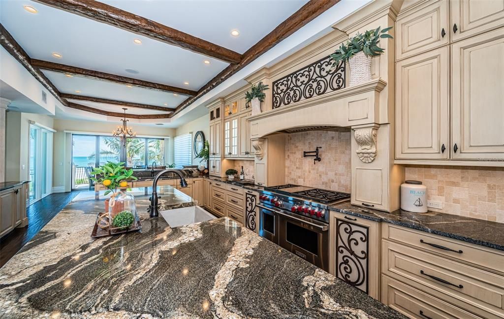 Chandelier, Interior, Kitchen, Pendant Lights, Recessed Lighting, Stainless Steel Appliances, Wooden Beams, Wood Texture Flooring