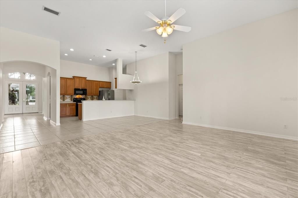 Empty room, Interior, Kitchen, Pendant Lights, Recessed Lighting, Wood Texture Flooring