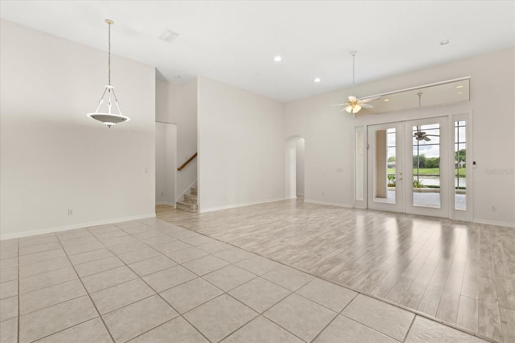 Empty room, Interior, Pendant Lights, Recessed Lighting, Wood Texture Flooring