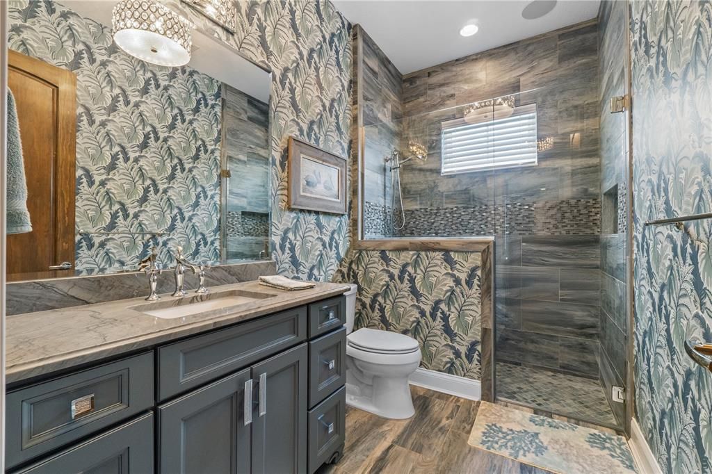 Bathroom, Glass Shower, Interior, Recessed Lighting, Wood Texture Flooring