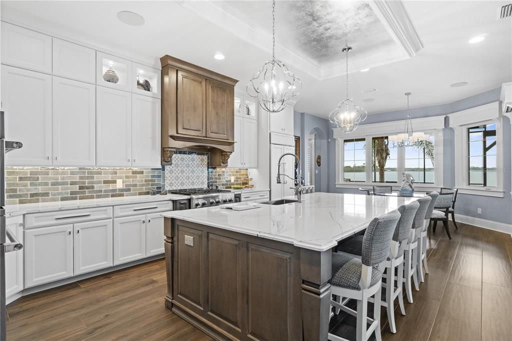 Chandelier, Interior, Kitchen, Pendant Lights, Recessed Lighting, Stainless Steel Appliances, Wood Texture Flooring