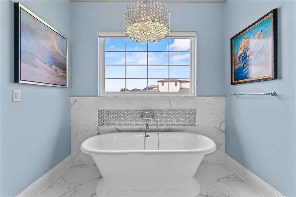 Bathroom, Free Standing Baths, Interior, Marble, Marble Walls, Pendant Lights