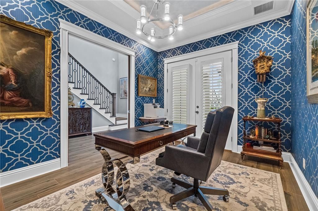 Chandelier, Home Office, Interior, Wood Texture Flooring