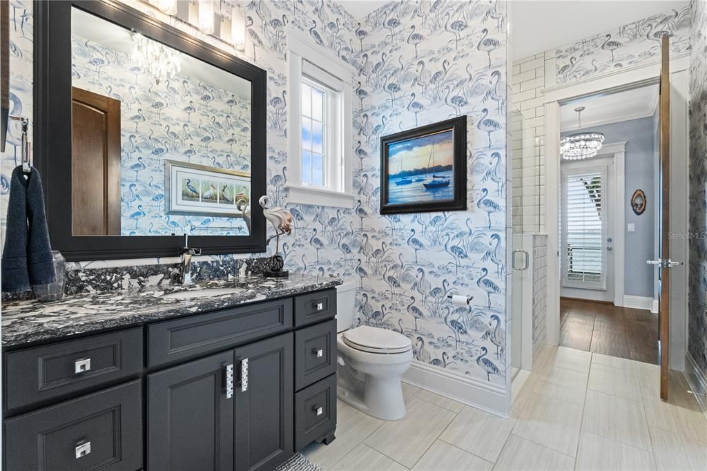 Bathroom, Chandelier, Interior, Pendant Lights, Wood Texture Flooring