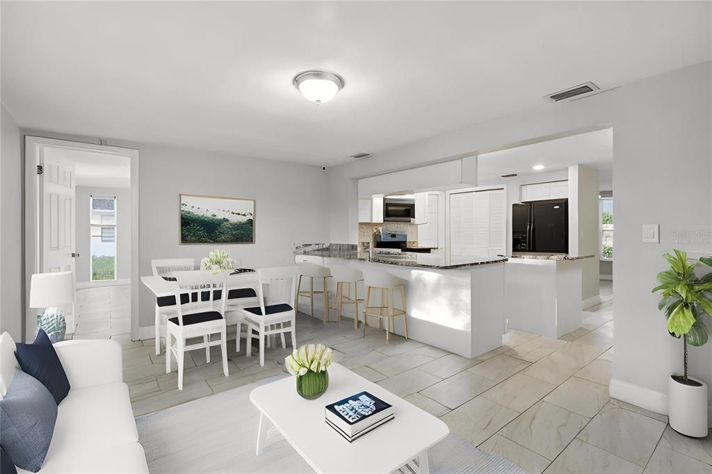 Dining room, Interior, Kitchen, Living room, Stainless Steel Appliances