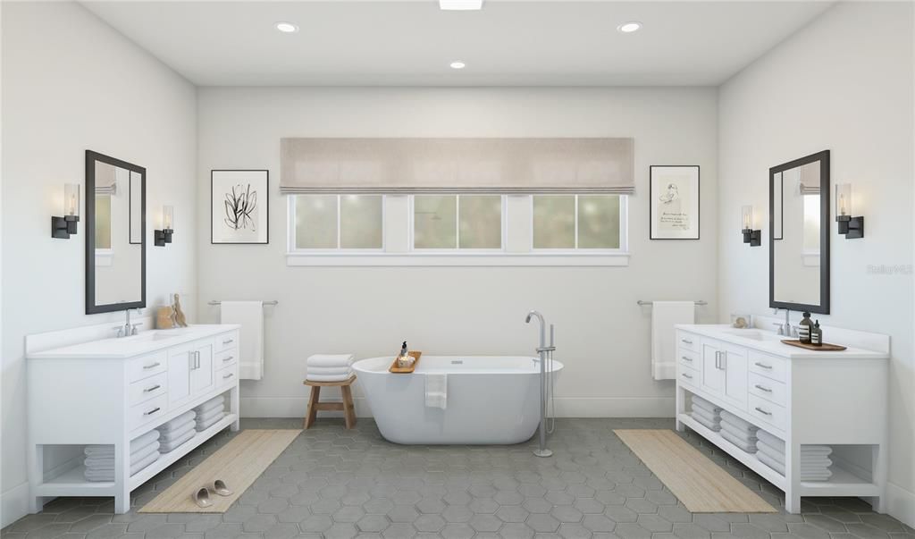 Bathroom, Dual Sink Vanities, Free Standing Baths, Interior, Recessed Lighting, Wood Texture Flooring