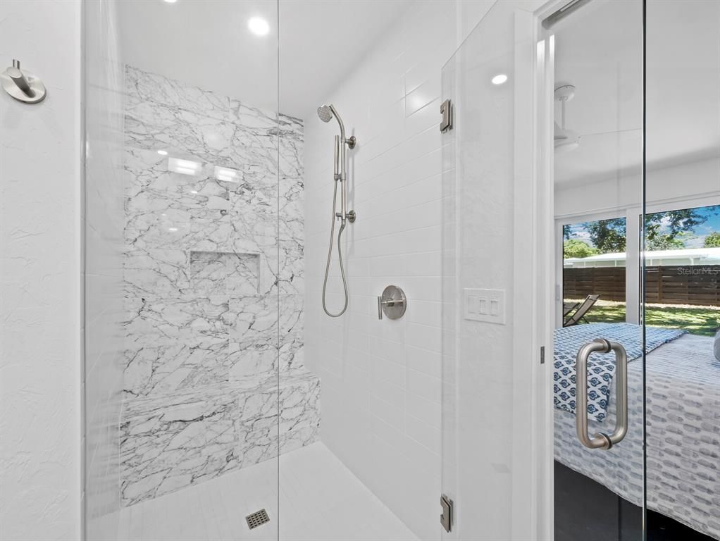 Bathroom, Glass Shower, Interior, Marble Walls, Recessed Lighting