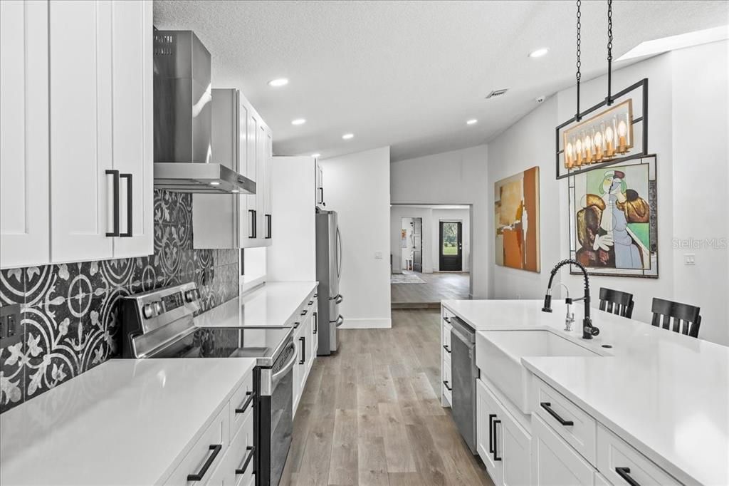 Interior, Kitchen, Pendant Lights, Recessed Lighting, Wood Texture Flooring