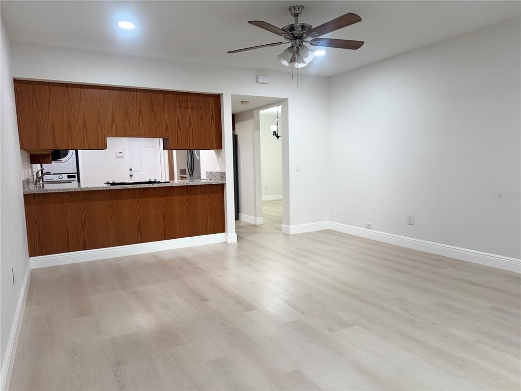 Empty room, Interior, Kitchen, Recessed Lighting, Wood Texture Flooring