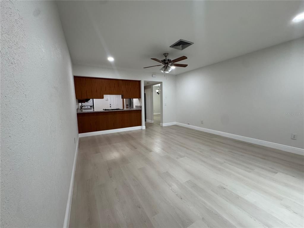 Empty room, Interior, Kitchen, Recessed Lighting, Wood Texture Flooring