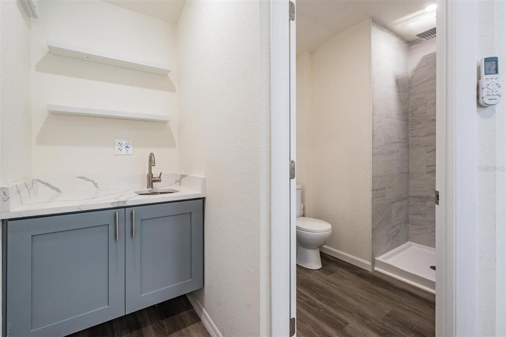 Bathroom, Interior, Marble Walls, Wood Texture Flooring