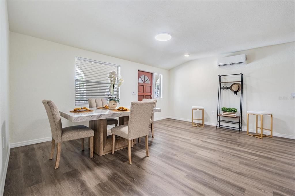 Dining room, Interior, Recessed Lighting, Wood Texture Flooring