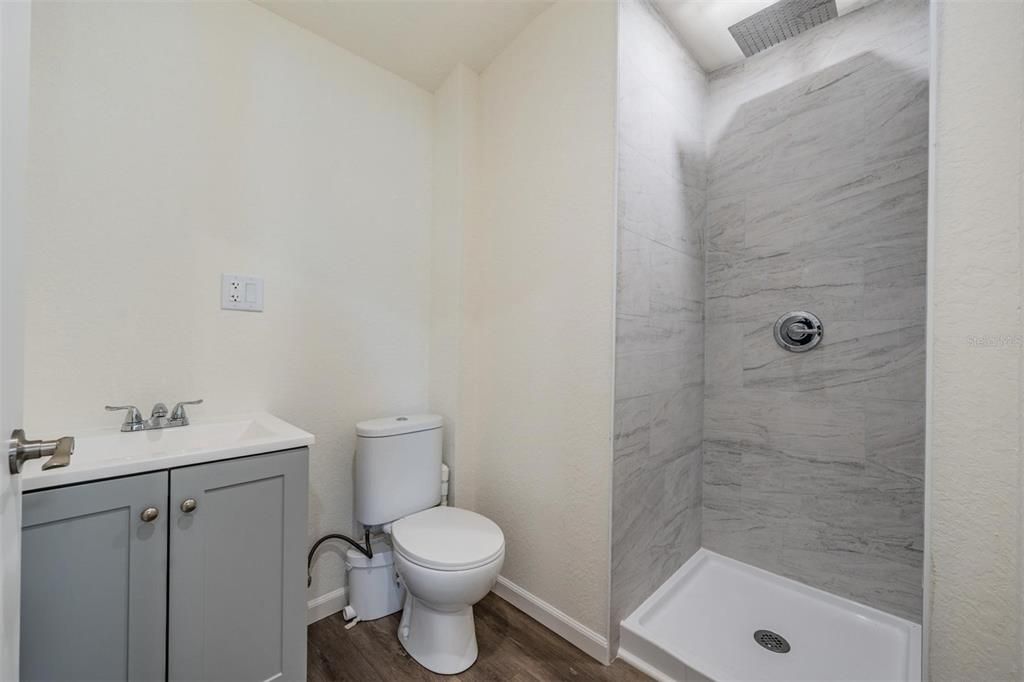 Bathroom, Interior, Marble Walls, Wood Texture Flooring