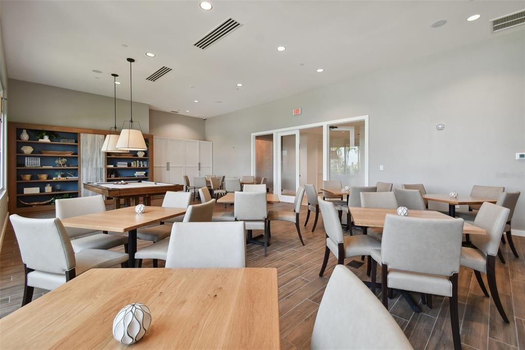 Billiard Table, Dining room, Game Room, Interior, Pendant Lights, Recessed Lighting, Wood Texture Flooring