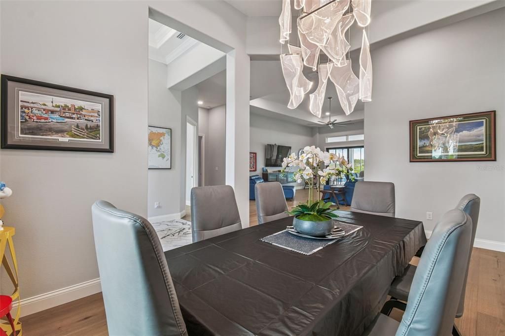 Chandelier, Dining room, Interior, Wood Texture Flooring