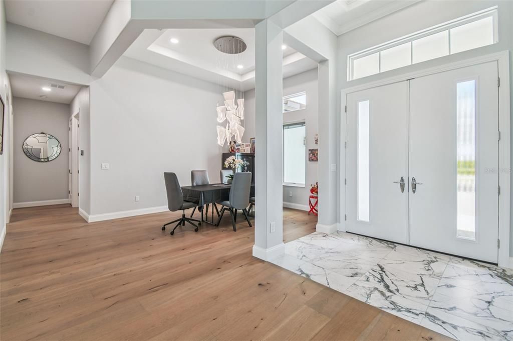 Dining room, Interior, Marble, Recessed Lighting, Wood Texture Flooring