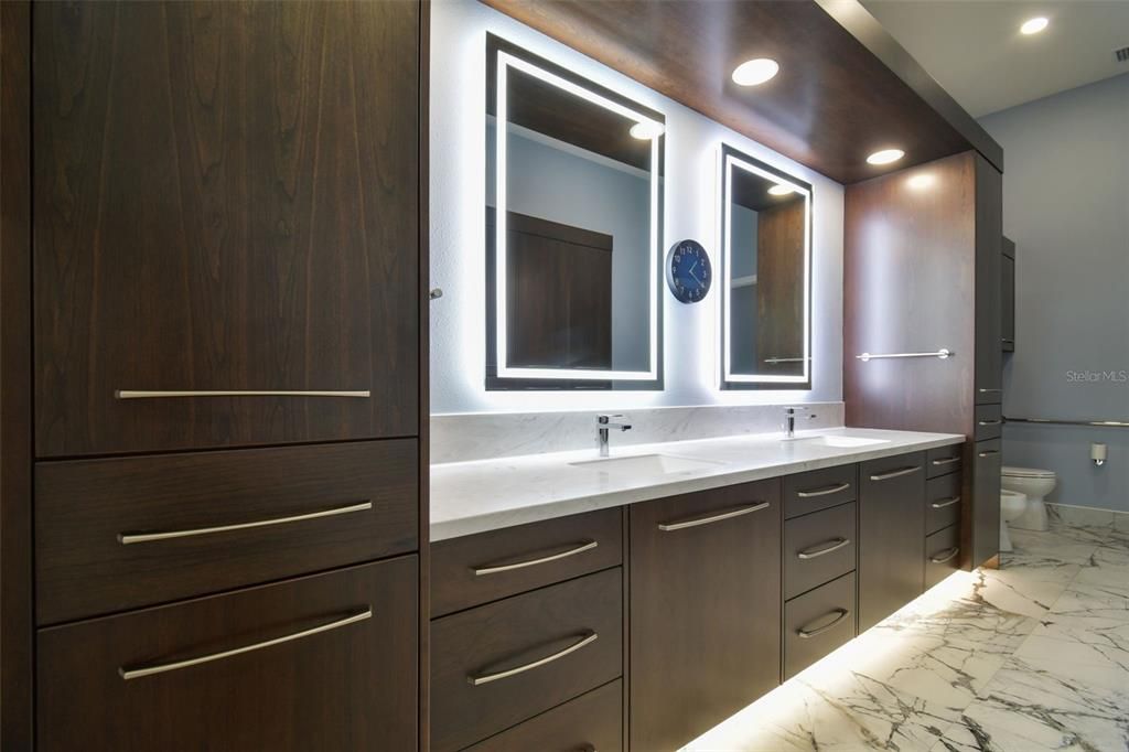 Bathroom, Dual Sink Vanities, Interior, Marble, Recessed Lighting